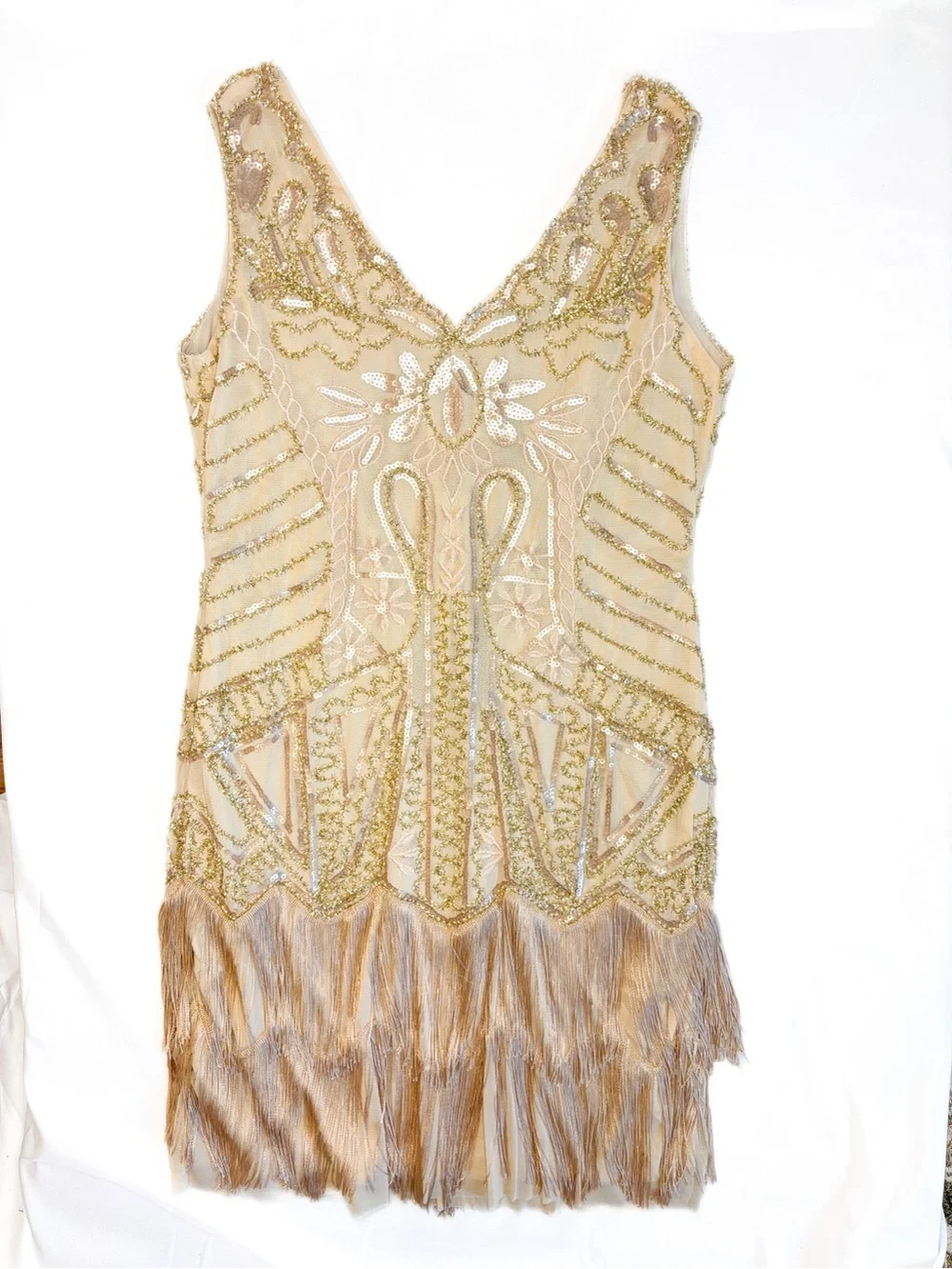 Gold Beaded Fringe 1920’s Gatsby Cocktail Dress NWT - Picture 2 of 4